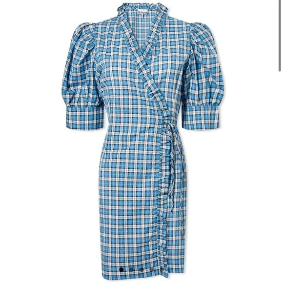 Ganni Dresses Ganni Seersucker Check Mini Dress Check Azure